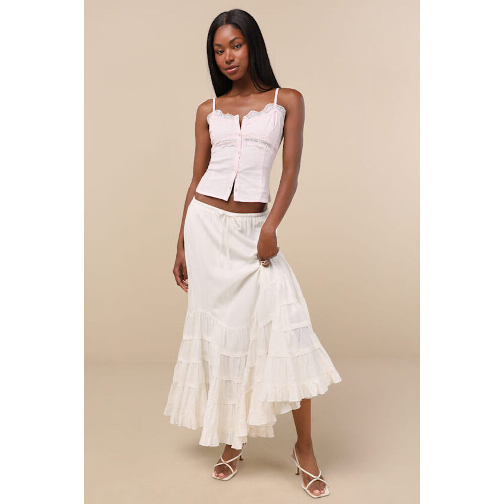 Lulus Bedelia Ivory Tiered Drawstring Maxi Skirt White - Size L